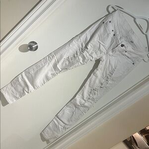 bebe White Distressed Straight Leg Jeans with Rhinestones